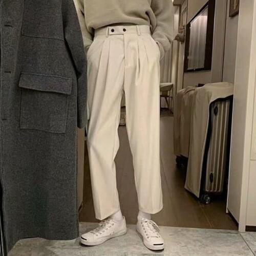 British Casual Fashion New Suit Pants Stretch Men Korean Style Solid Color Harem Straight Leg Trousers for Men Loose Nine-point