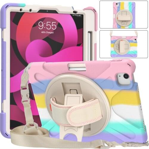 Case For iPad Air 4 10.9'' 2020 Tablet Cover 360 Rotation Hand Kickstand Silicone Case Colorful Rainbow Tablet Cover +Gift