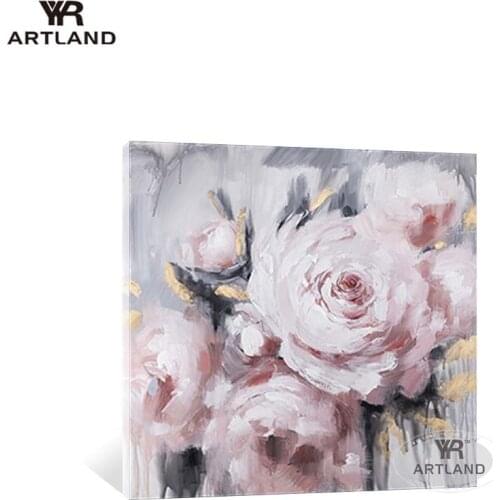 Beautiful pink rose with gold foil flowers for home wall decoration Hand drawn oil painting on cavnas for living room bedroom