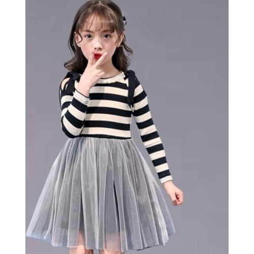 Autumn Sweater Dresses For Kids Girls Striped Mesh Kids Dresses Bow Dress Kids Spring Teenage Girl Clothes 6 8 12 Years