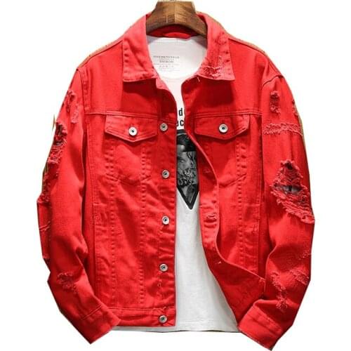 Mens Slim Denim Jacket Red Black White Ripped Denim Jacket Plus Size Jacket 2021 Fall New