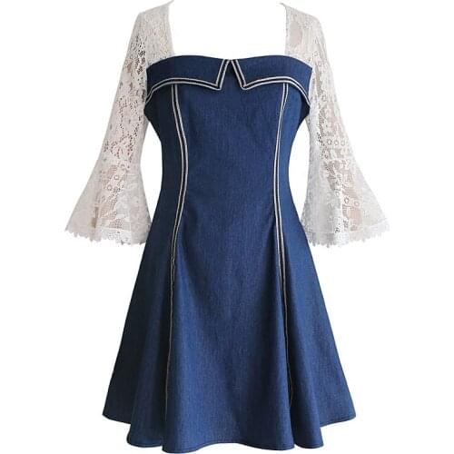 PERHAPS U Denim Jeans A Line Patchwork Lace Blue White Flare Sleeve Square Collar Summer 3/4 Sleeve Knee Length Dress D0253
