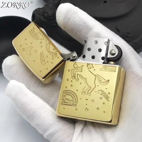 Zorro Kerosene Lighter Pure Copper Brass Carving Classic Pattern Cartoon Unicorn Business Gift With Fine Package Box