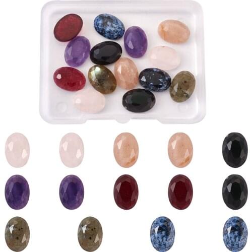 Natural Gemstone Cabochons Oval Faceted 7 materials, 2pcs/material, 14pcs/box