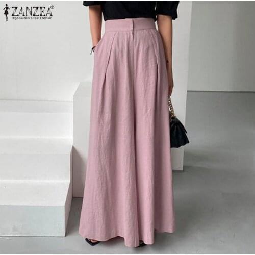 Kaftan Pleated Pants Womens Wide Leg Trousers ZANZEA 2021 Casual High Waist Long Pantalon Palazzo Female Solid Turnip Oversize