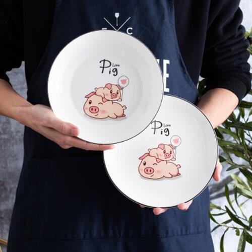 8 Inch Nordic Creative Round Cartoon Pig Ceramic Plate Hotel Bone China Dinner Plate Household Kitchen Supplies Dessert Tray