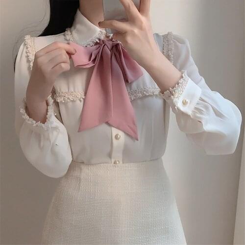 Korean Fashion Chiffon Blouse shirt Long-sleeved OL Shirt Tassel Bow tie Women Tops