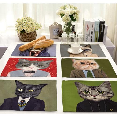 Suit Cat Headshot Pattern Placemat Restaurant Banquet Cotton Linen Tableware Mat Coffee Coaster Heat Insulation Non-Slip 32*42cm