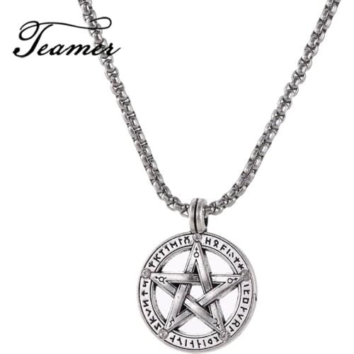 Teamer Pentacle Pentagram Pendant Necklace Men Star Stainless Steel Chain Statement Talisman Amulet Supernatural Wicca Jewelry