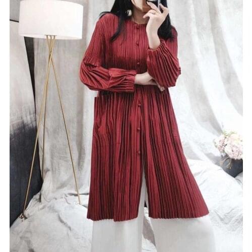 HOT SELLING Miyake Fold single-breasted pure color mandarin nine quarter trench coat long windbreaker IN STOCK