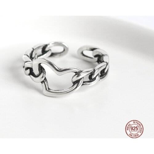 LKO 925 Sterling Silver Punk Hip Hop Style Personality Love Heart Chain Hollow Out Opening Ring For Women Adjustable Rings