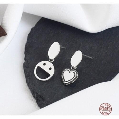 LKO 925 Sterling Silver Fashion Personality Vintage Smiling Face Love Heart Asymmetry Stud Earrings For Women Earring Ornaments