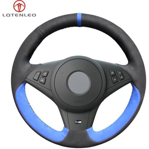 LQTENLEO DIY Hand Car Steering Wheel Cover Black Blue Suede For BMW E60 E61 530d 545i 550i E63 E64 630i 645Ci 650i 2003-2010