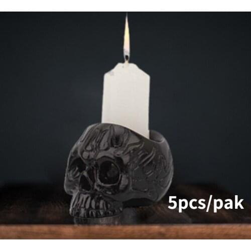 5pc Halloween Black Resin Small Skull Candle Holder Home Horror Retro Mini PolyResin Ghost Festival Flame Candlestick Decoration