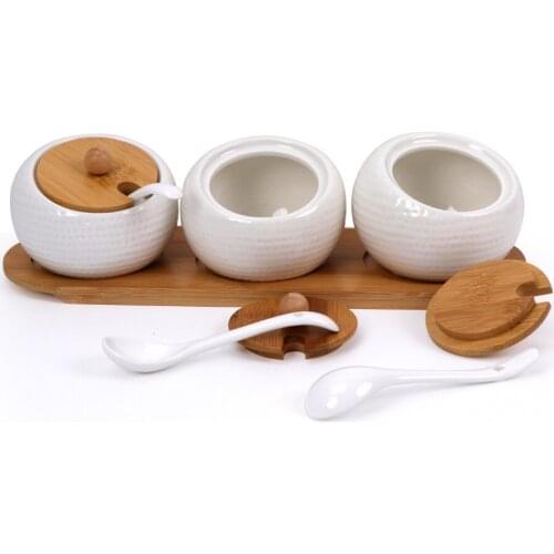 3pcs/set Ceramic Golf Storage Container Condiment Jars Porcelain Bowls &Spoons With Bamboo Cover And Tray Seasoning Spice Box