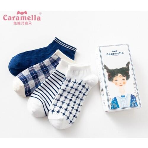 Caramella Gift Box Set 4Pairs 2019 Hot Sale Summer Cozy Women Socks New Ankle Socks Fashion Plaid Navy Blue Grid Cotton Socks