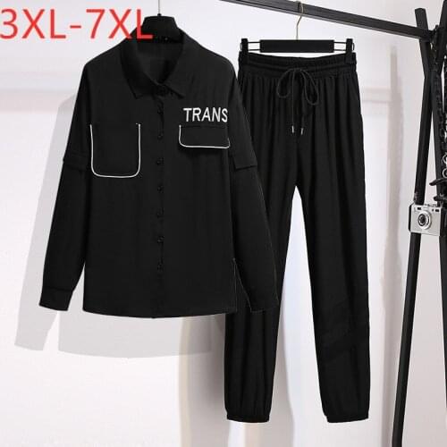 New 2021 Ladies Spring Autumn Women Plus Size Casual Black Shirt And Long Pants Two Piece Sets 7XL