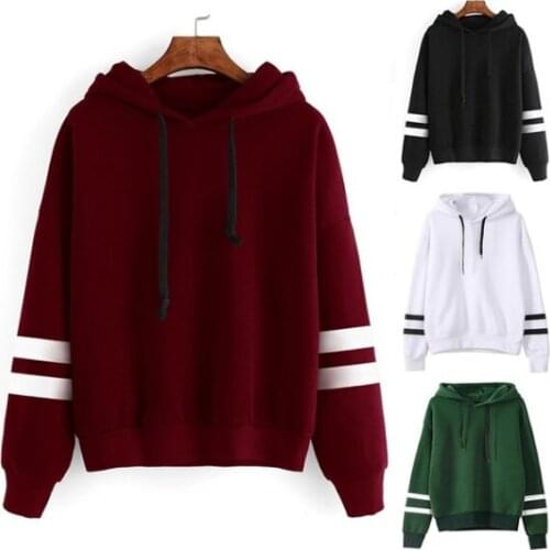 Solid Color Hooded Sweatshirt Blouse Sport Outfit For Woman Hoodies Casual Loose Solid Color Stripe Sleeves Pullover Girls