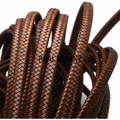 REAL BESTXY 1m/lot 12*6mm distressed brown flat leather strips braided leather cords wide leather strings for bracelets making