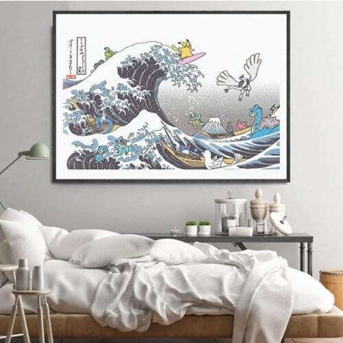 Pokemon Modern Japanese Comic Anime The Great Wave Canvas Painting Poster and Print Wall Art Picture Living Room Home Decor