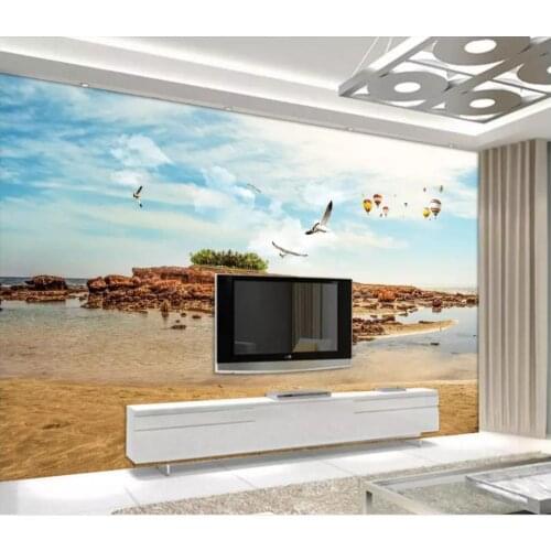 Custom 3d wallpaper for walls 3 d Blue sky, white clouds, beach, stone, sea, landscape, TV background, wall decoration, painting