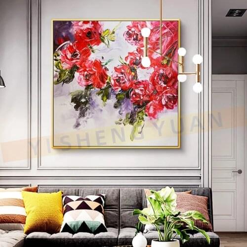 Hand Painted Oil Painting Beautiful Rose Knife Red Flowers On Canvas, Square Modern Decoration Home Decoration Painting