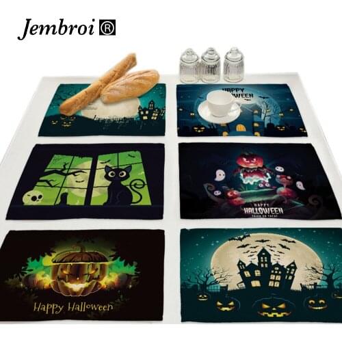 Halloween Placemats for Dining Table Mat Pad Kitchen Accessories Drink Coasters Set Black Bat Pumpkin Festival Supplies Doilies