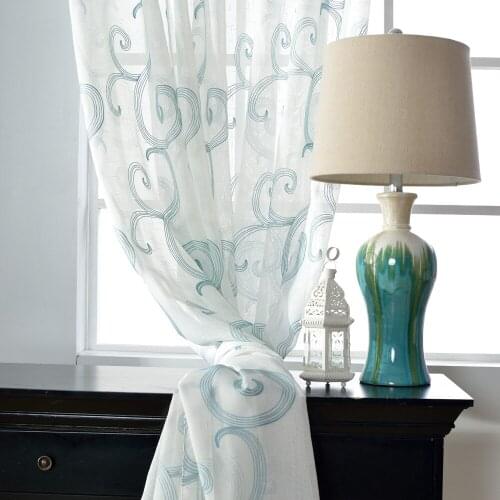 Blue Embroidered Sheer Curtains for Living Room Bedroom Tulle Curtains Clouds Voile Curtains Panel Window Treatments Home Decor