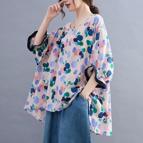 Batwing Sleeve Oversized T Shirts Loose Tops 2021 New Arrival Cotton Print Floral Fashion Summer T Shirts Women Casual T Shirt