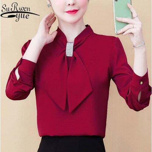 Womens tops and blouses 2021 ladies tops chiffon blouse bow Solid blusas femininas shirts for women tops plus size black 8053 50