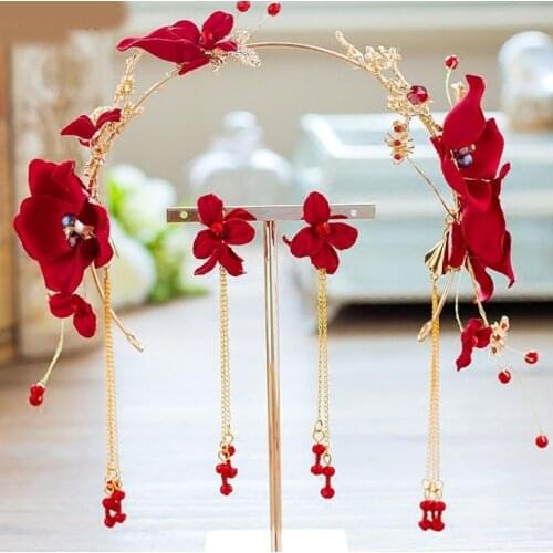 Chinese Wedding Bride Red Headdress Handmade Jewelry Bridal Hairband Accessories Crown Floral Crystal Pearl Hair Earring Set