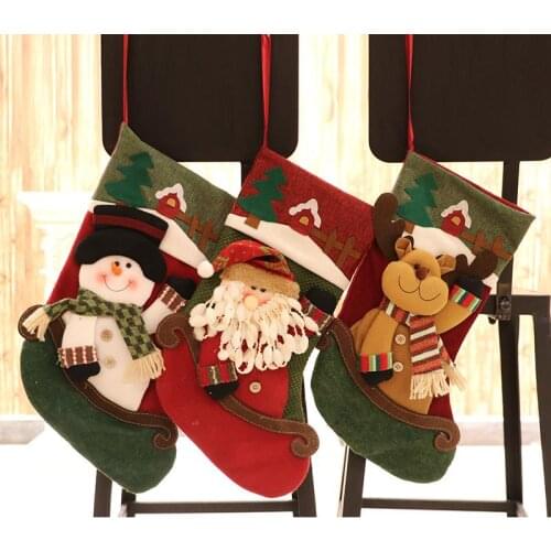1 pcs Christmas Stockings Socks With Snowman Santa Elk Bear Printing Xmas Candy Gift Bag Fireplace Xmas Tree Decoration New Year