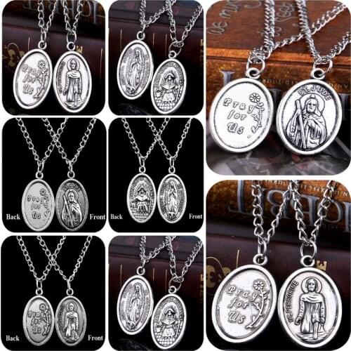 1PC Vintage Pray For Us Religious Pendant Necklace For Women Men Jewlery Jesus Charm Chain Choker Necklaces Xmas Gifts