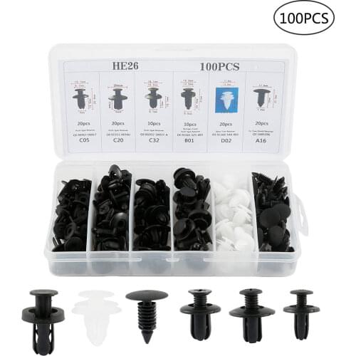 100pcs 6 Sizes Auto Fastener Clip Mixed Car Clips Body Push Retainer Pin Rivet Bumper Door Trim Panel Retainer Fastener Kit Tool