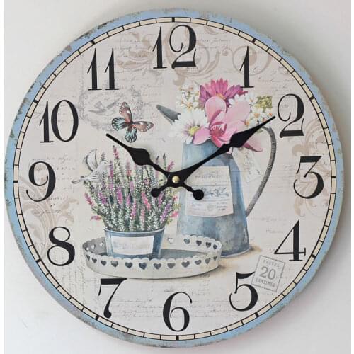 12Inch Creative Painted Floral Home Decor Round Wooden Wall Clock Vintage Mute Wood Wall Kitchen Livingroom Crafts Decorations