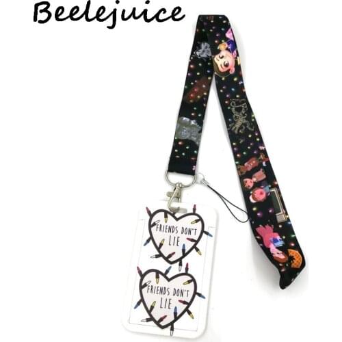 12sets Black Stranger things Neck Strap Lanyards ID badge card holder keychain Mobile Phone Strap Gift Ribbon webbing necklace