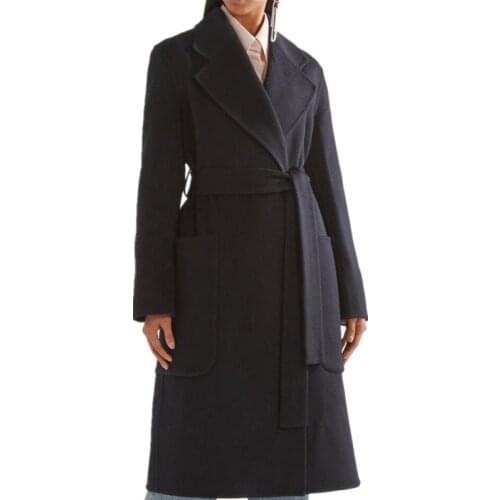 2020 winter fashion big pocket cashmere coat women lapel slim belted woolen coat