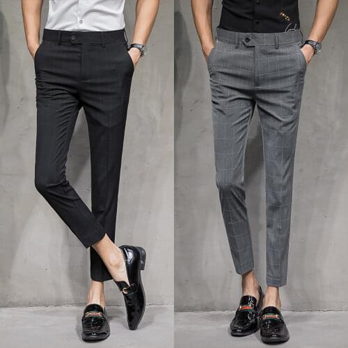 2021 Korean version of business casual slim mens casual pants solid color joker Nine points small leg pants gray black