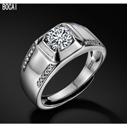 BOCAI New 100% s925 silver Man Ring fashionable hip-hop adjustable, simple personality one-carat Moissanite diamond Ring single