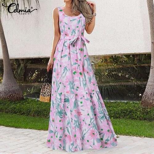 Celmia 2021 Summer Elegant Long Dress Women Vintage Floral Print Party Maxi Sundress Casual Belted Ruffled Vestidos