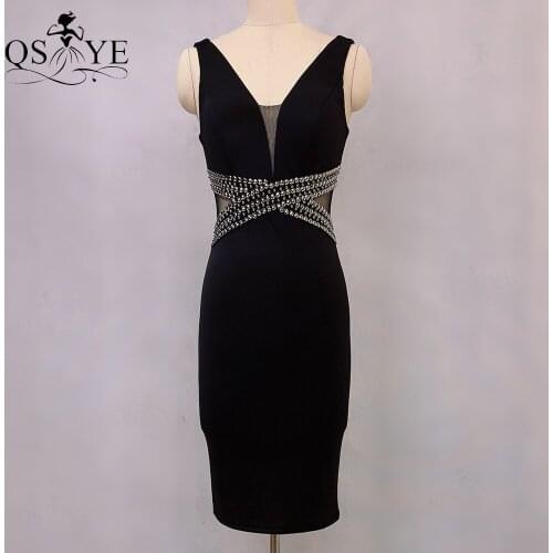 Fit Black Short Prom Dress Sheath Stretch Evening Dress Deep V Neck Party Girl Party Dress Bead Crisscross Waistline Lady Gown