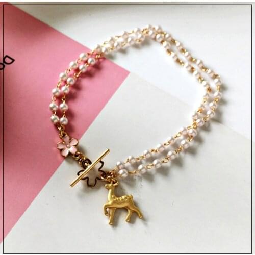 LANIWOO Girl Pearl Deer Double Layer Bracelet 2021 New Summer Fashion Beautiful Lovely Jewelry Accessory