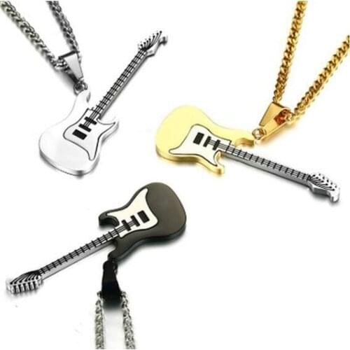 Guitar Necklace for Men/Women Music Lover Gift Black/Gold Color Stainless Steel Pendant & Chain Hip Hop Rock Jewelry