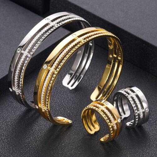 Jankelly luxury Unique African Bangle Ring Set Jewelry Sets For Women Wedding Cubic Zircon Crystal CZ Dubai Bridal Jewelry Set