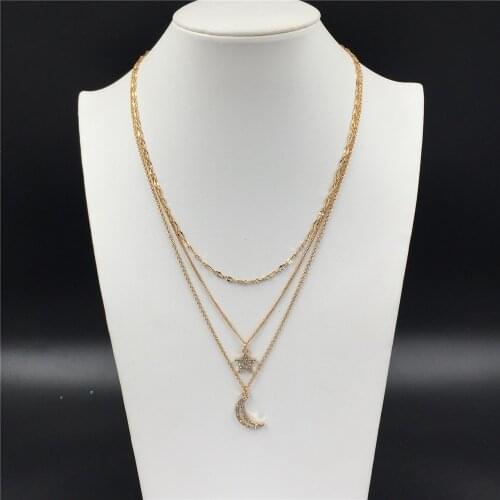 Trendy Gold Color Plating Star New Moon Shiny Pendant Layered Necklace For Women Girl Elegant Lovely Jewelry Accessory
