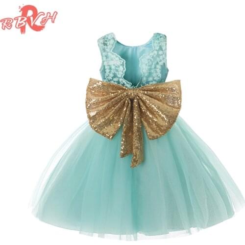 Fancy Lace Princess Girl Party Wear Children Kids Dresses For Girls Wedding Gown Gold Sequins Bow Little Baby Girl Summer Frocks