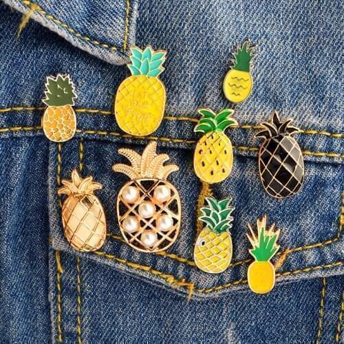 Cartoon Pineapple Enamel Pin Custom Brooches Yellow Black Eat Fruit Denim Shirt Badge for Bag Lapel Coat Fashion Jewelry