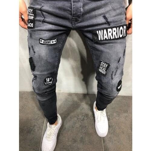 2021 Mens Fashion Trend Grey Skinny Jeans Black Ripped Badge Patch Gaultier Homme Streetwear Small Foot Jeans for Men