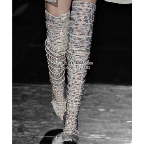 Newest Bling Bling Crystal Tight High Boots Pointed Toe Charming Glittering Hook Over The Knee Boots Celebrating Dress Shoes