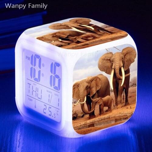 Forest Animal Elephant LED Alarm Clock 7 Color Glowing Multifunctio Alarm Clock Kids Room Touch Sensing Flash Watches Clock